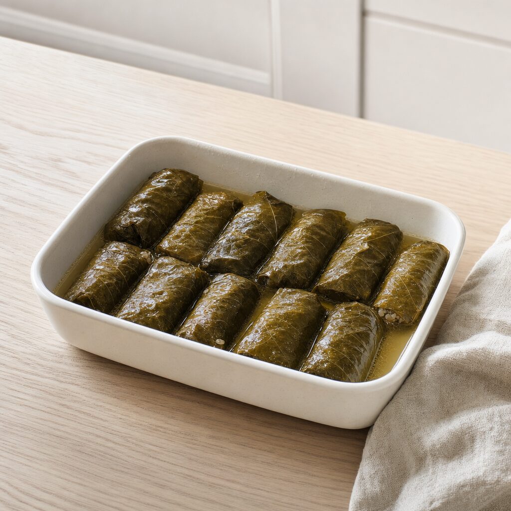 Dolmer hviler i bouillonen efter tilberedning så risen suger væsken i min airfryer opskrift