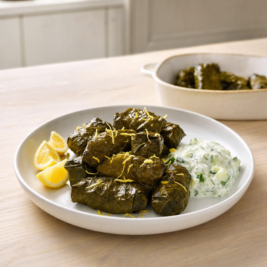 Dolmer serveres lune eller kolde med tzatziki citronbåde og frisk revet citronskal i min airfryer opskrift