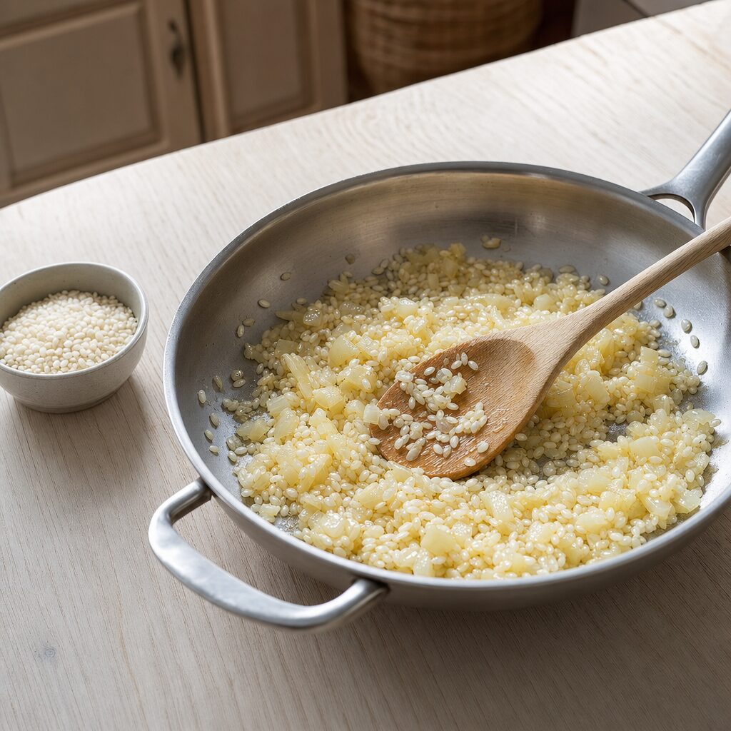 Rundkornet ris ristes i olie med løg og hvidløg til dolmer i min airfryer opskrift