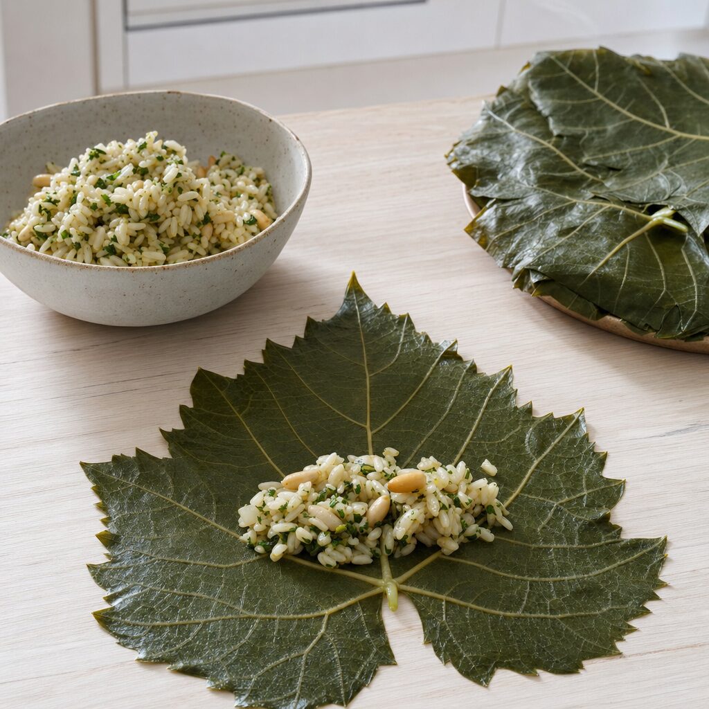 Risfyld lægges på vinblad klar til at rulle dolmer i min airfryer opskrift