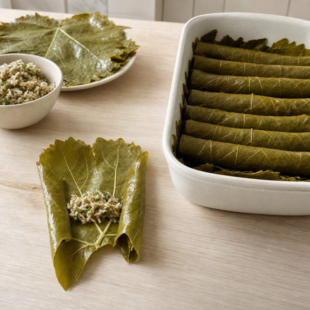 Vinblad foldes og rulles stramt til dolme i ovnfast form til min airfryer opskrift