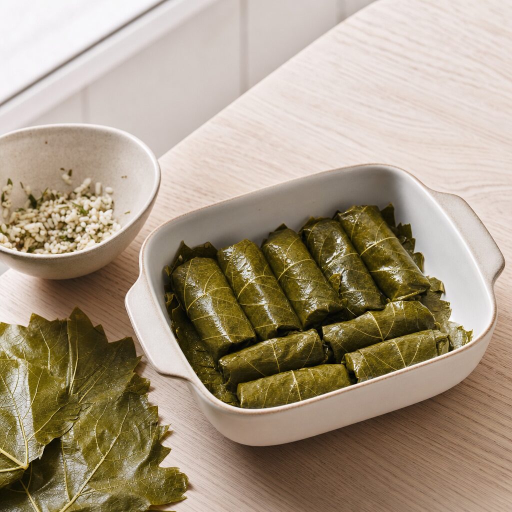 Dolmer pakkes tæt sammen i et lille ildfast fad til airfryer i min opskrift