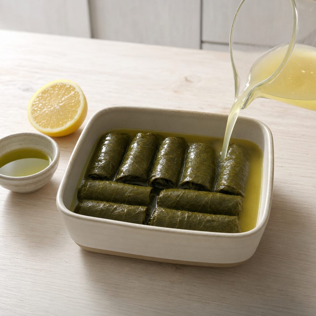 Grøntsagsbouillon med citron og olivenolie hældes over dolmer i lille ildfast fad til airfryer