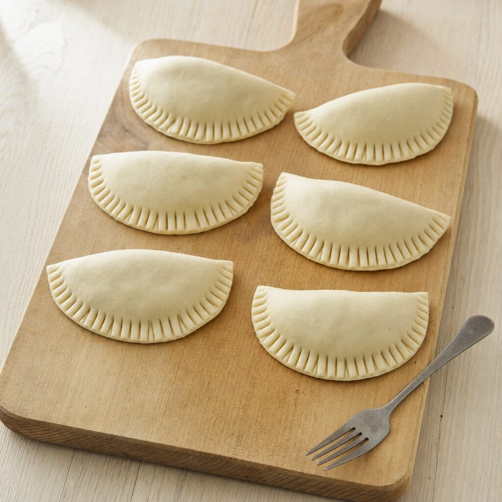 Empanadas foldes til halvmåner og forsegles med gaffel før tilberedning i min airfryer