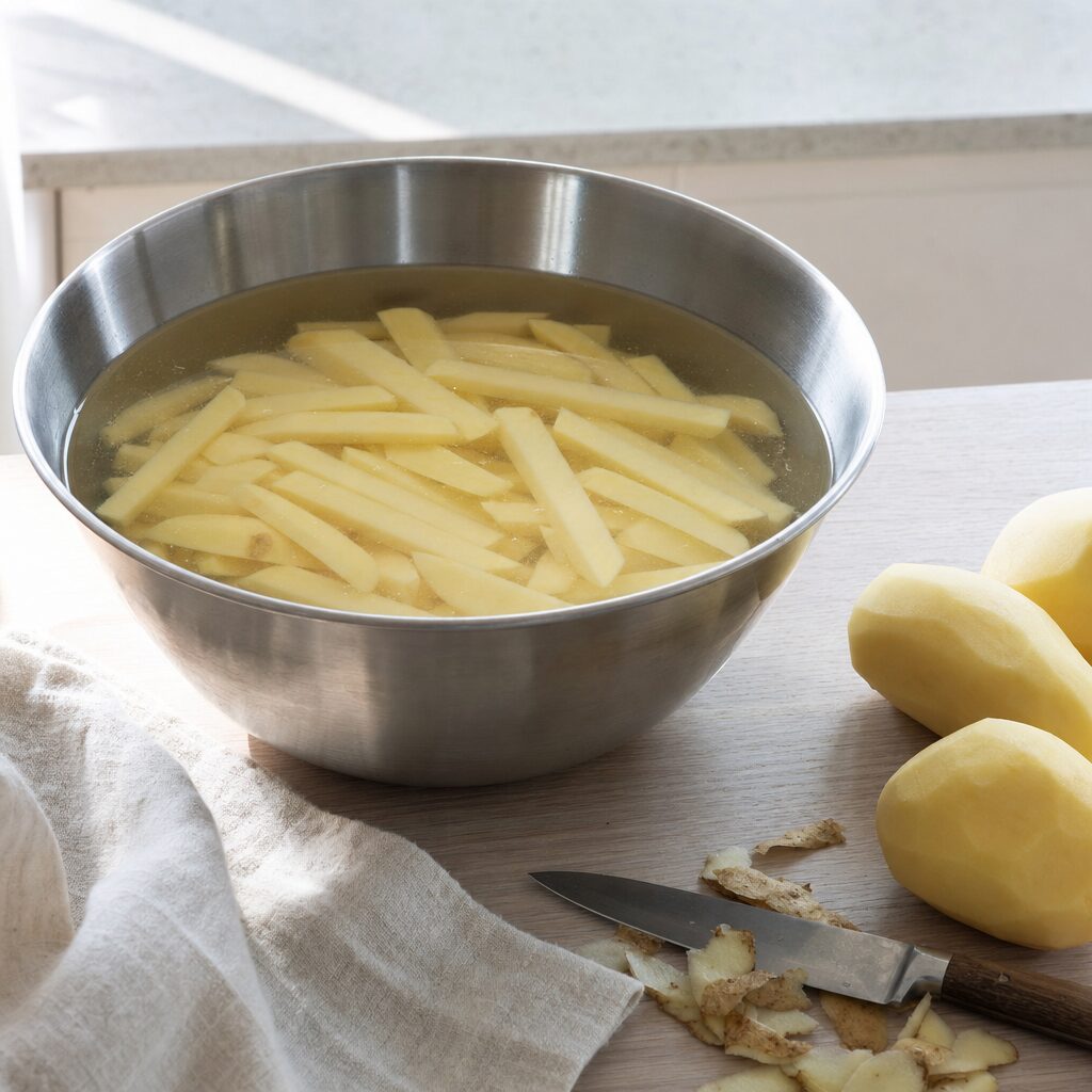 Bagekartofler skrællet og skåret til pommes i koldt vand til Fish and Chips i min airfryer