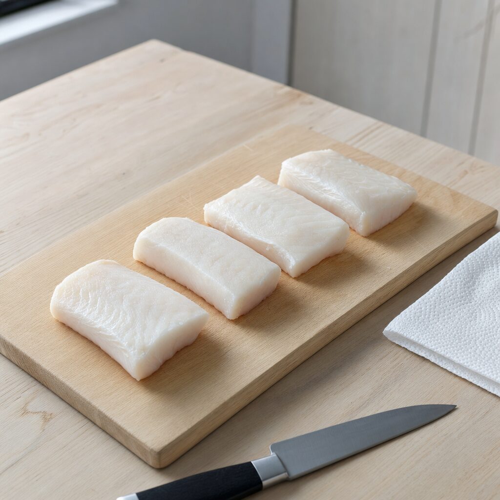 Hvid fisk skåret i fire stykker og duppet tør til Fish and Chips i min airfryer