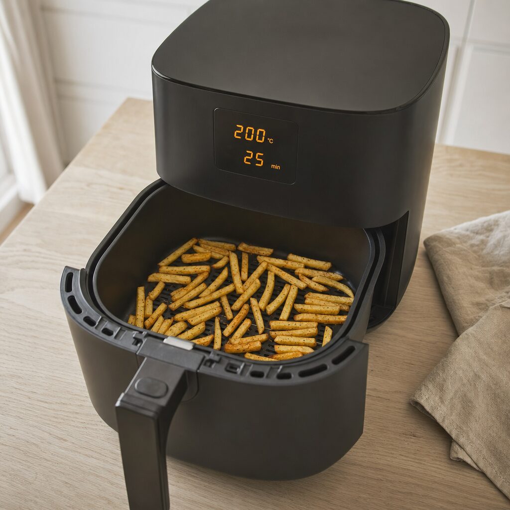 Kartoffelpommes ligger i et enkelt lag i airfryer kurven til Fish and Chips i min airfryer