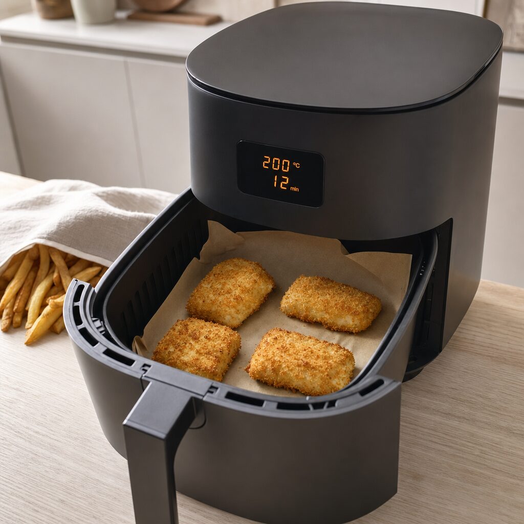 Paneret hvid fisk tilberedes på bagepapir i airfryer kurven til Fish and Chips i min airfryer