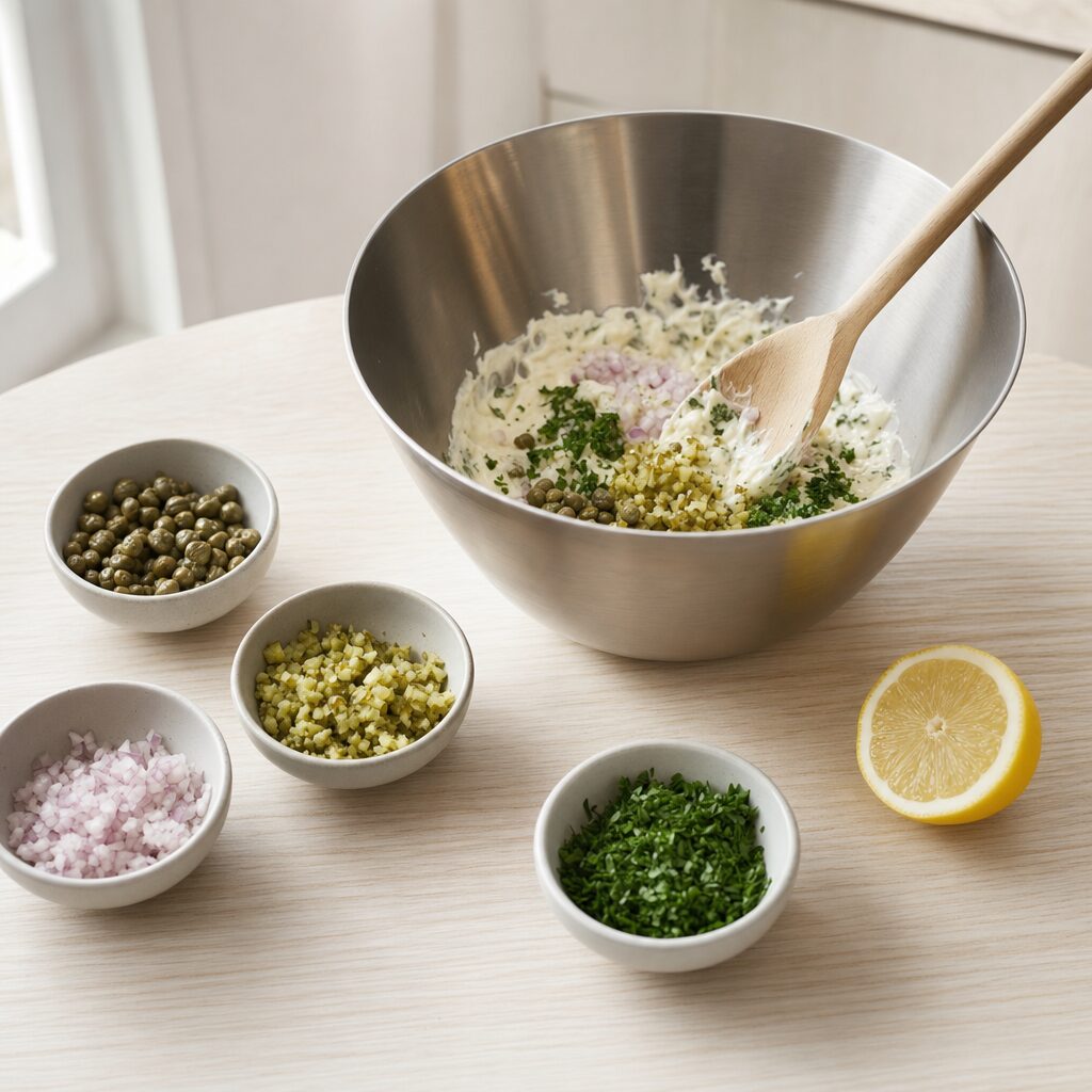 Sauce tartar røres med mayonnaise kapers cornichoner skalotteløg persille og citron til Fish and Chips i min airfryer