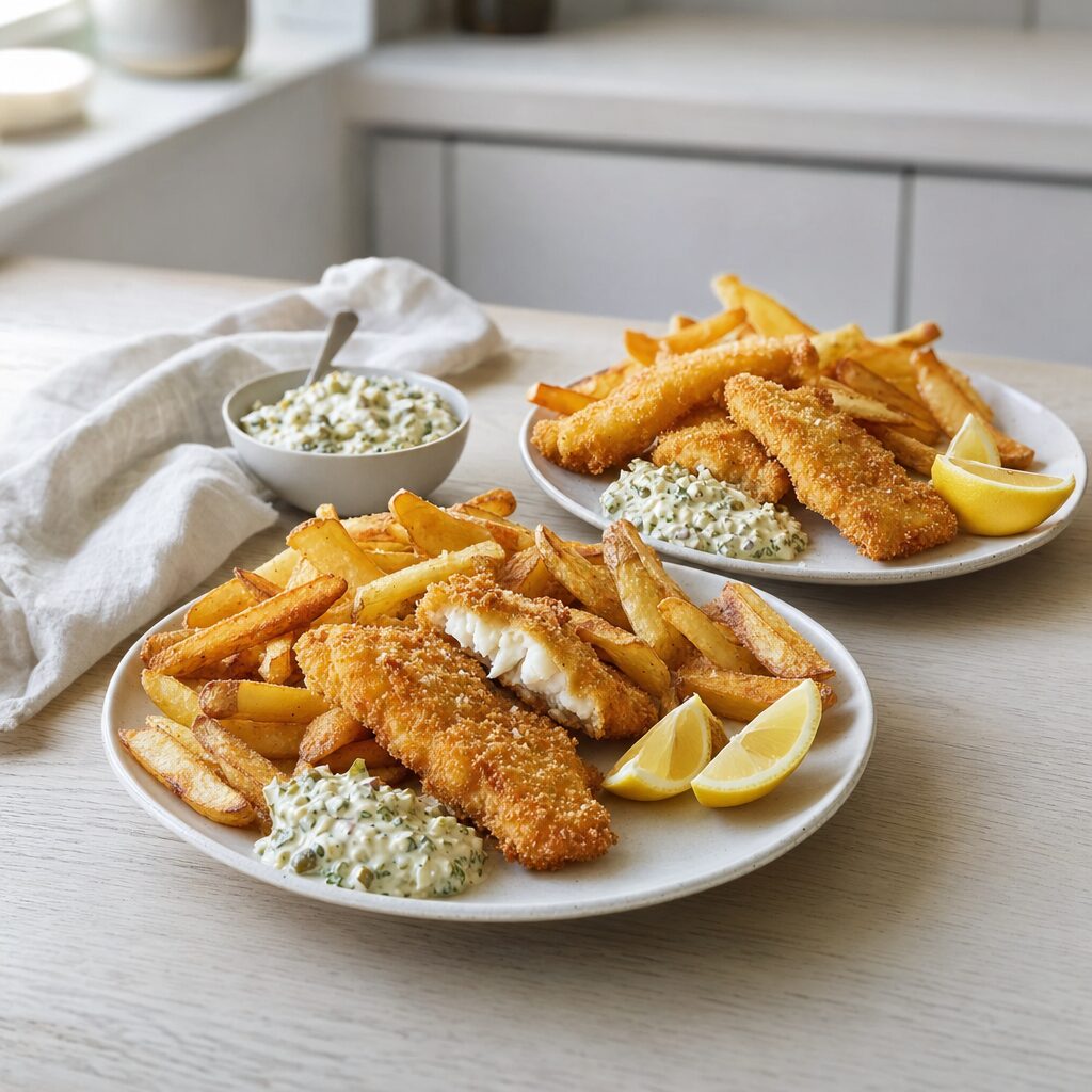 Sprøde pommes og paneret fisk serveres med sauce tartar og citron til Fish and Chips i min airfryer