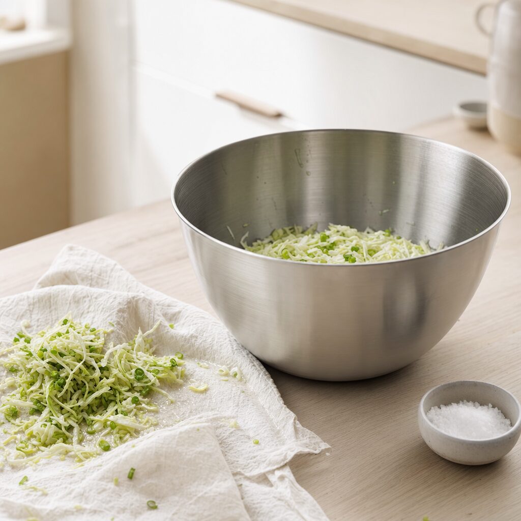Spidskål og forårsløg saltes og væden klemmes ud til gyoza i min airfryer