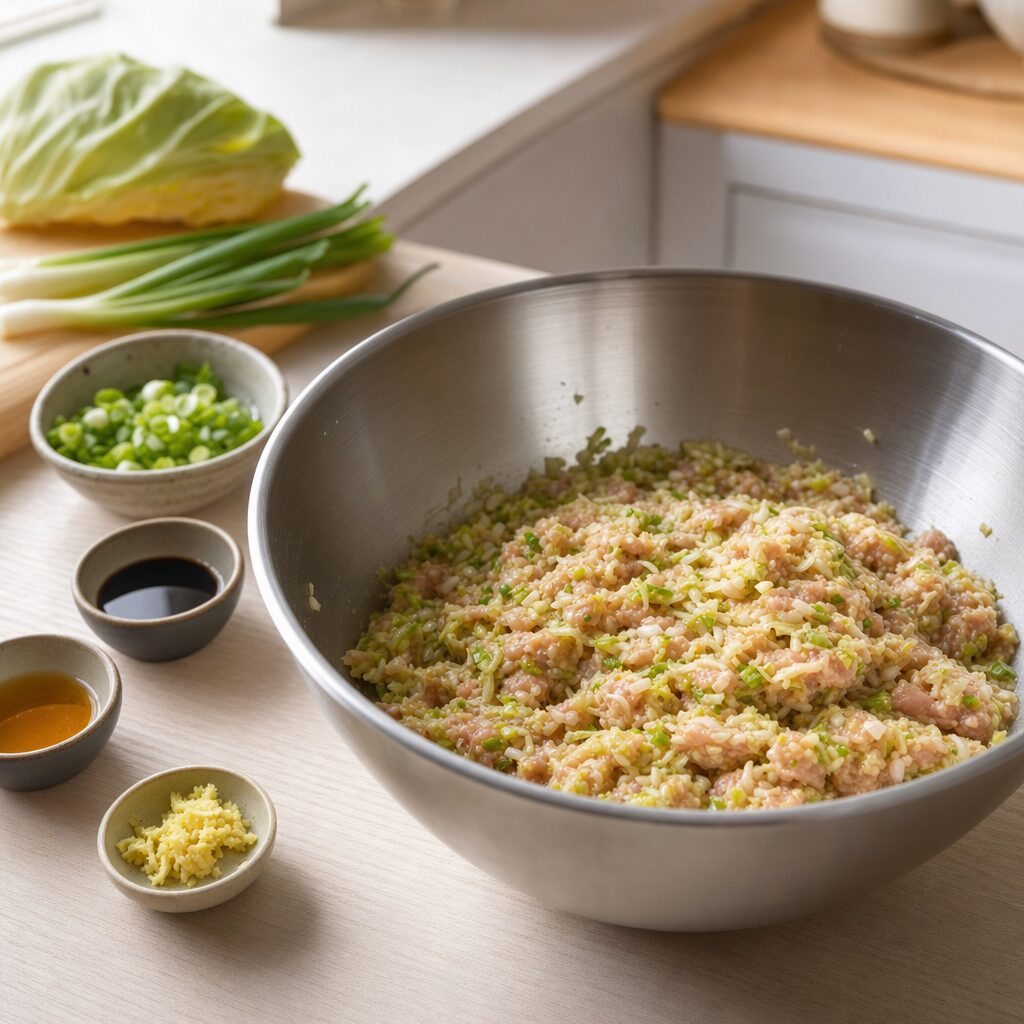 Kål svinekød og krydderier blandes til gyoza fyld i min airfryer