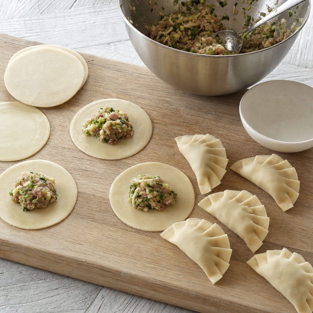 Gyoza wrappers fyldes og foldes til halvmåner før tilberedning i min airfryer