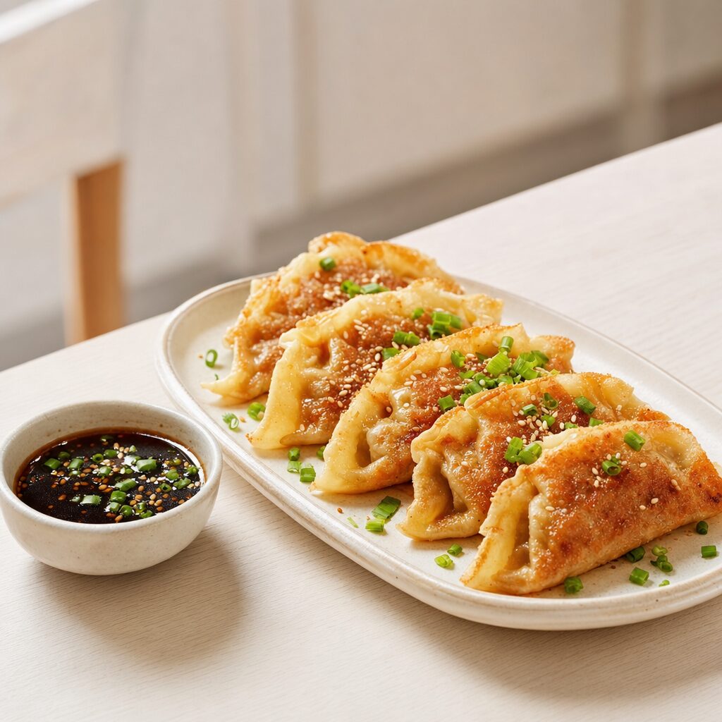 Gyoza serveres varme med dipsauce forårsløg og sesamfrø efter tilberedning i min airfryer