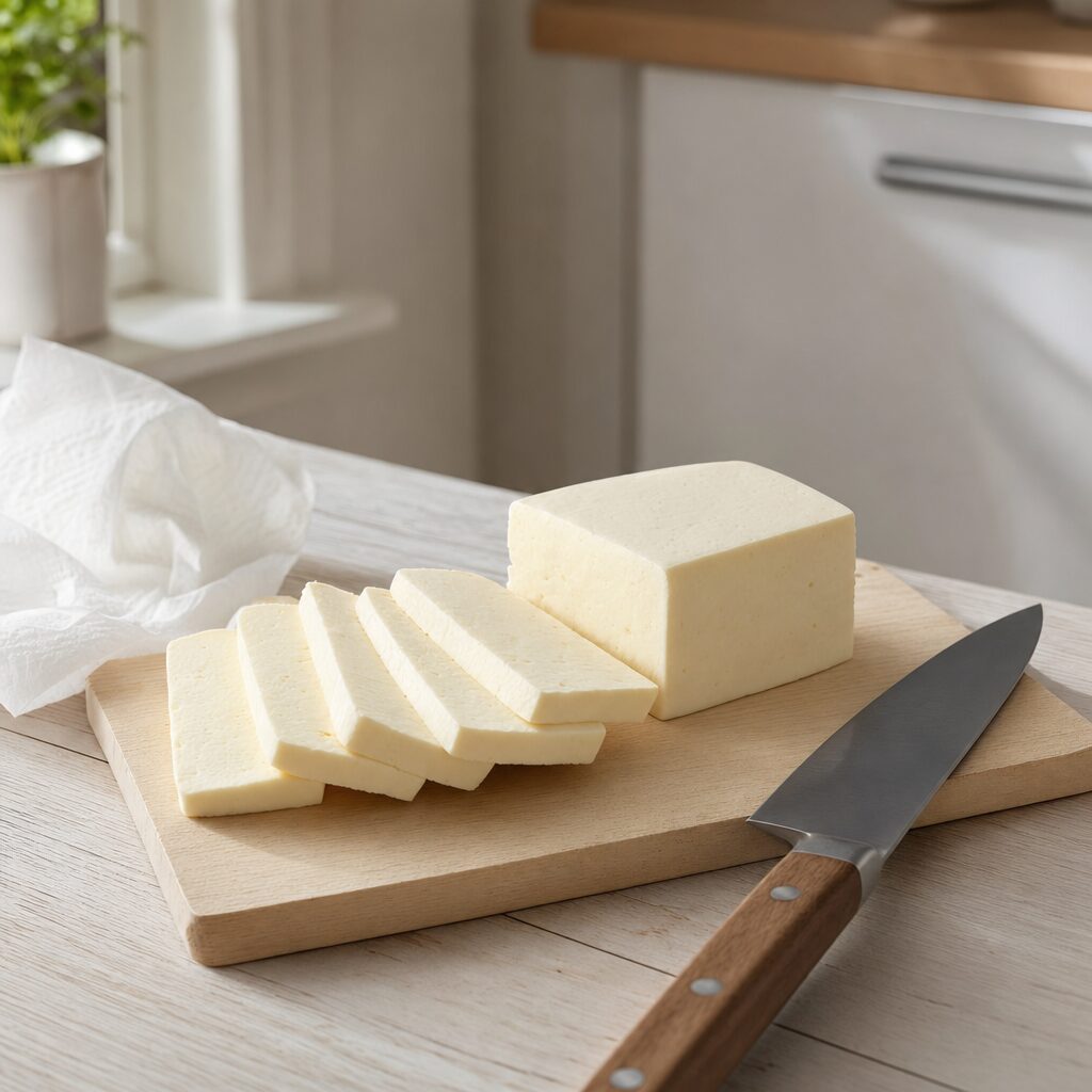 Halloumi duppes tør og skæres i skiver til min airfryer opskrift