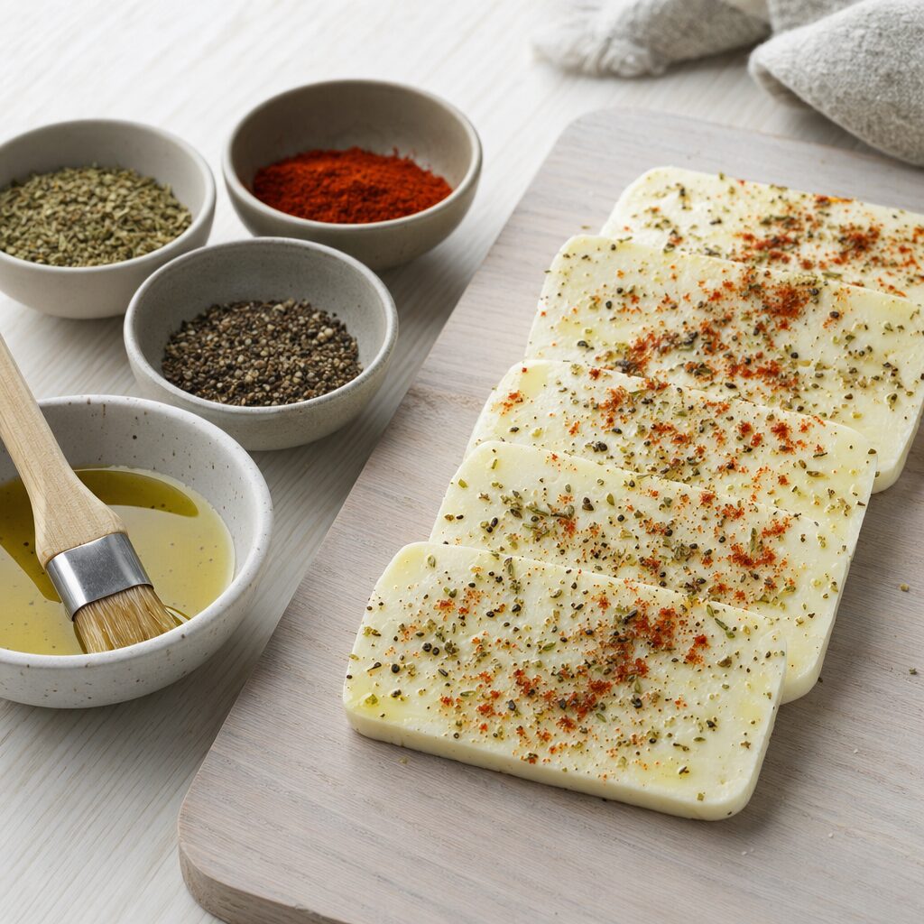 Halloumi pensles med olie og krydres med oregano paprika og peber til min airfryer opskrift