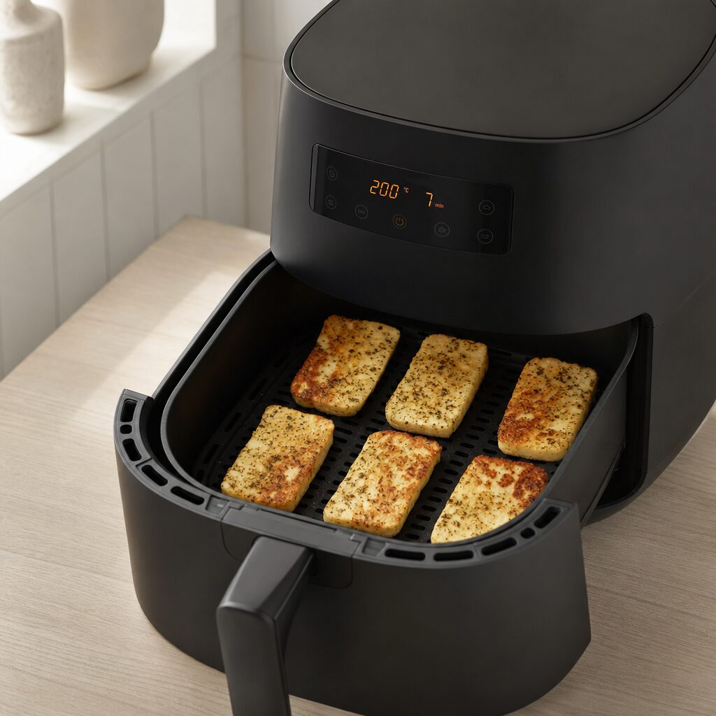Halloumi skiver lægges i airfryer kurven og steges gyldne og sprøde i min airfryer