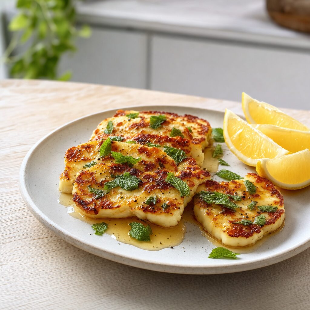 Varm halloumi serveres med honning mynte og citron i min airfryer opskrift
