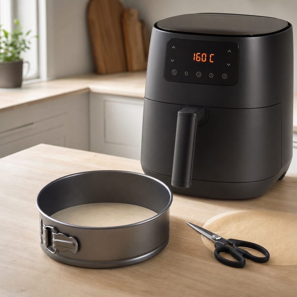 Airfryer forvarmes og springform med bagepapir gøres klar til jordbærdrøm i min airfryer