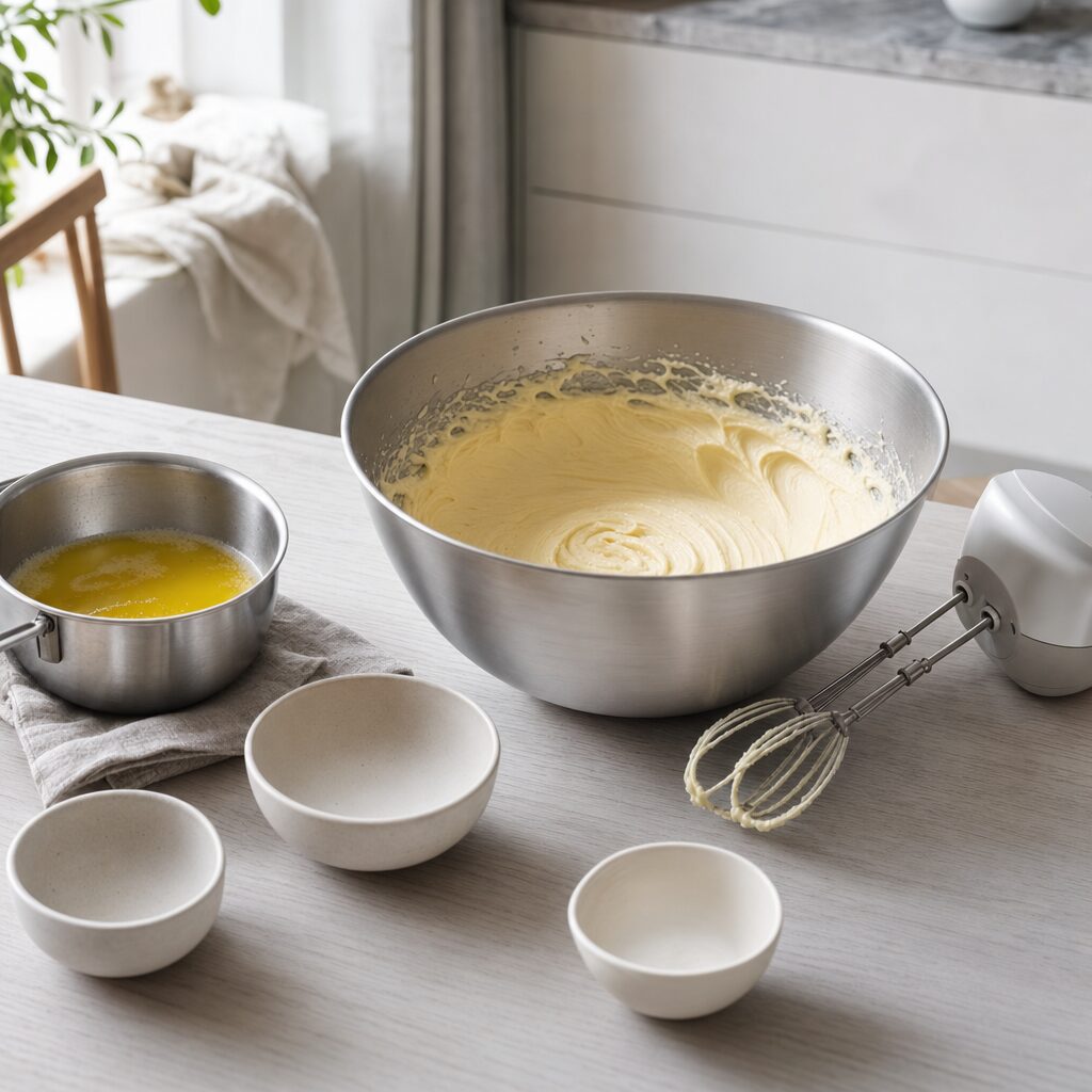 Æg og sukker piskes lyst og luftigt mens smør køler af til jordbærdrøm i min airfryer
