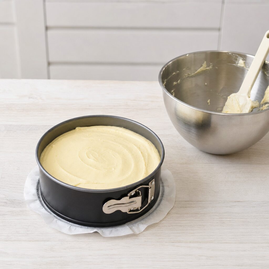 Dej hældt i springform og glattet ud klar til jordbærdrøm i min airfryer