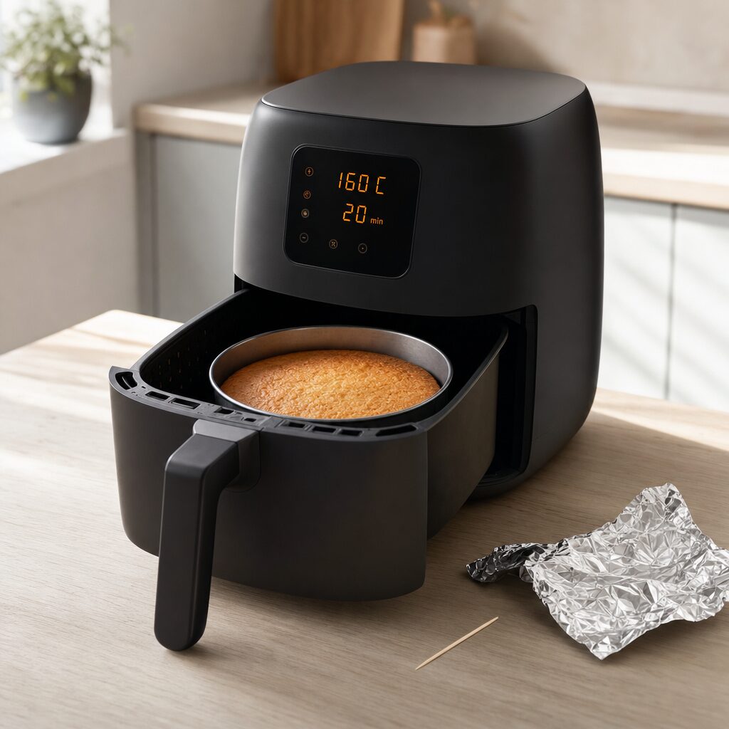 Kagebund bages gylden i springform i min airfryer til jordbærdrøm
