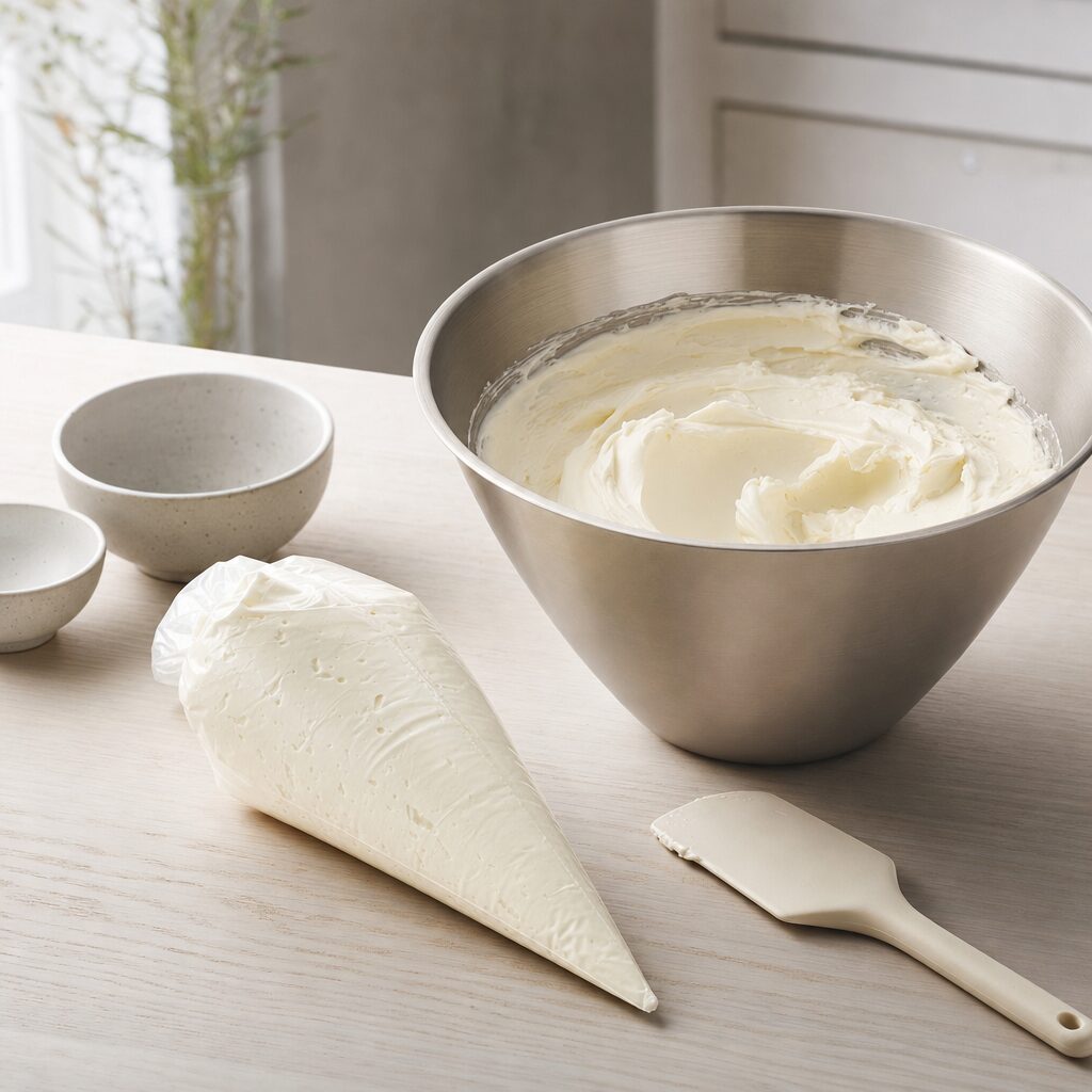 Flødeost flormelis og mælk piskes til blød creme til koreanske hvidløgsbrød i min airfryer