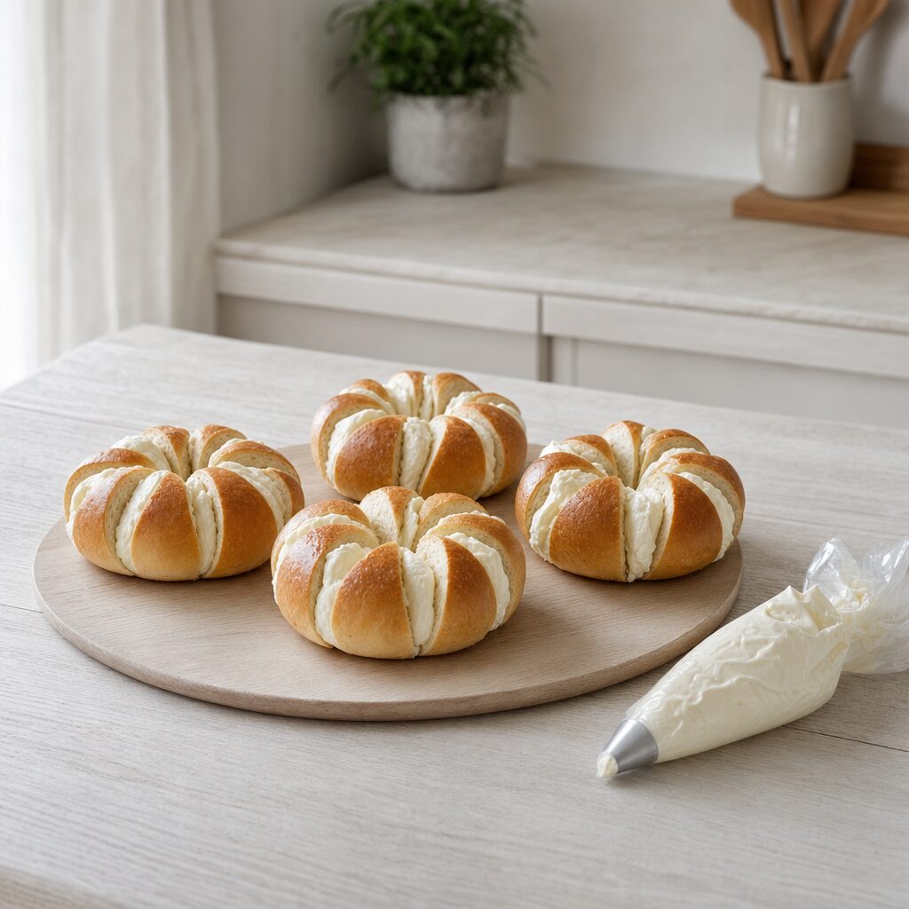 Flødeostecreme fyldes i alle snit i burgerbollerne til koreanske hvidløgsbrød