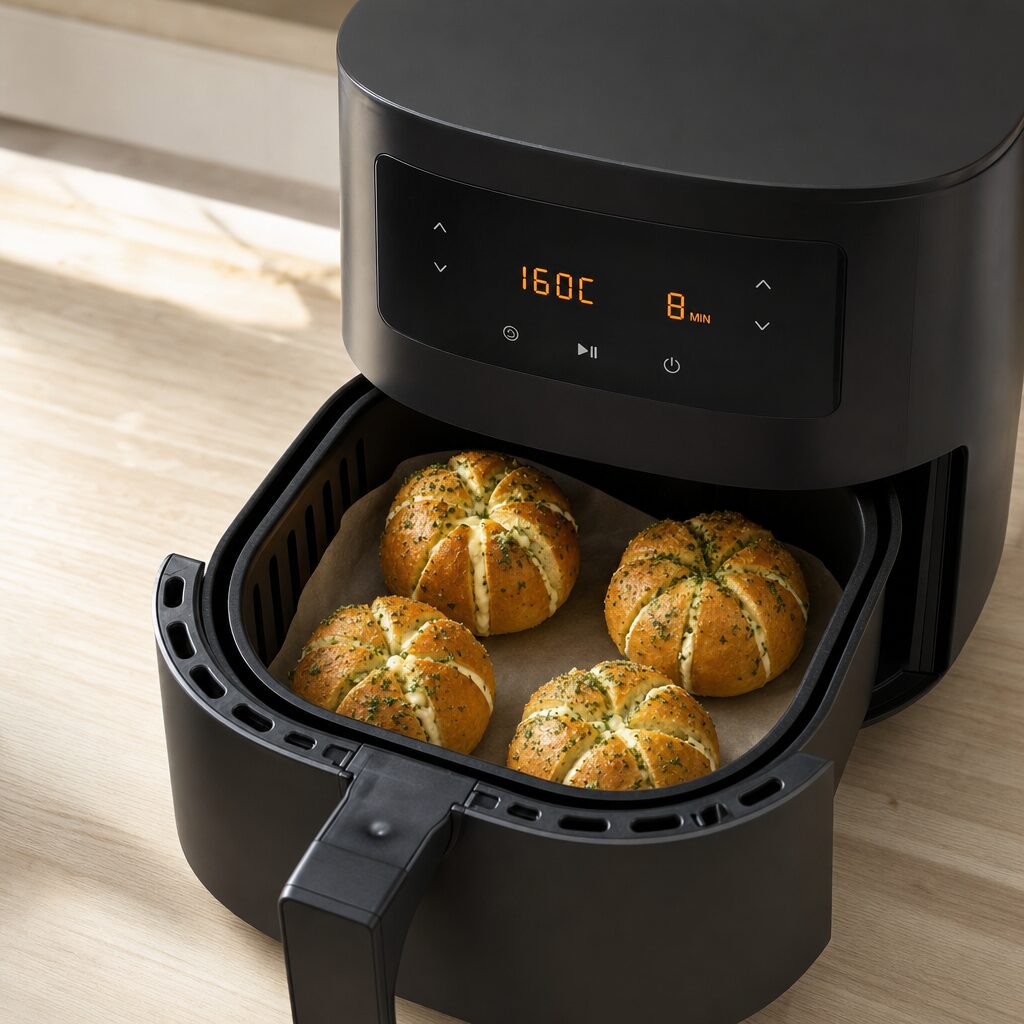 Koreanske hvidløgsbrød bages gyldne i min airfryer med smeltet flødeostecreme