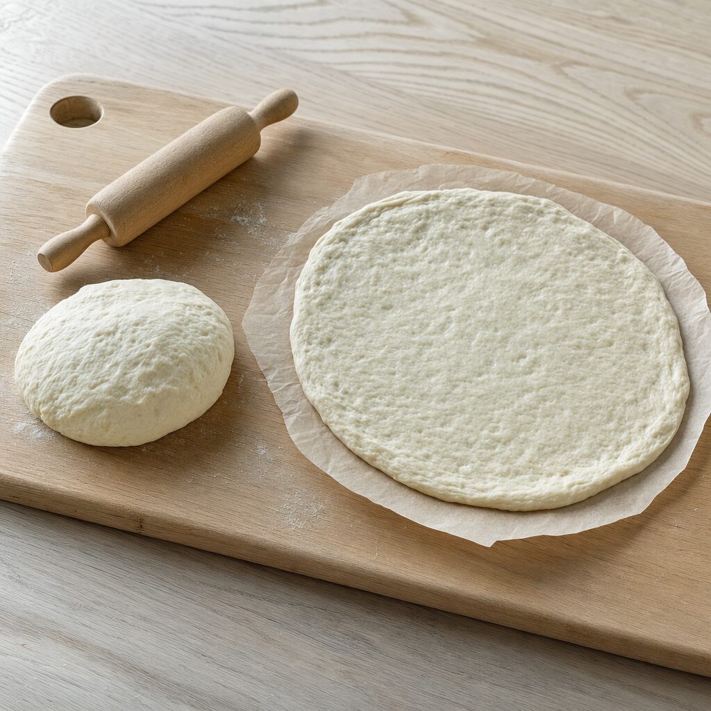Pizzadej deles og formes på bagepapir til kylling pesto pizza i min airfryer