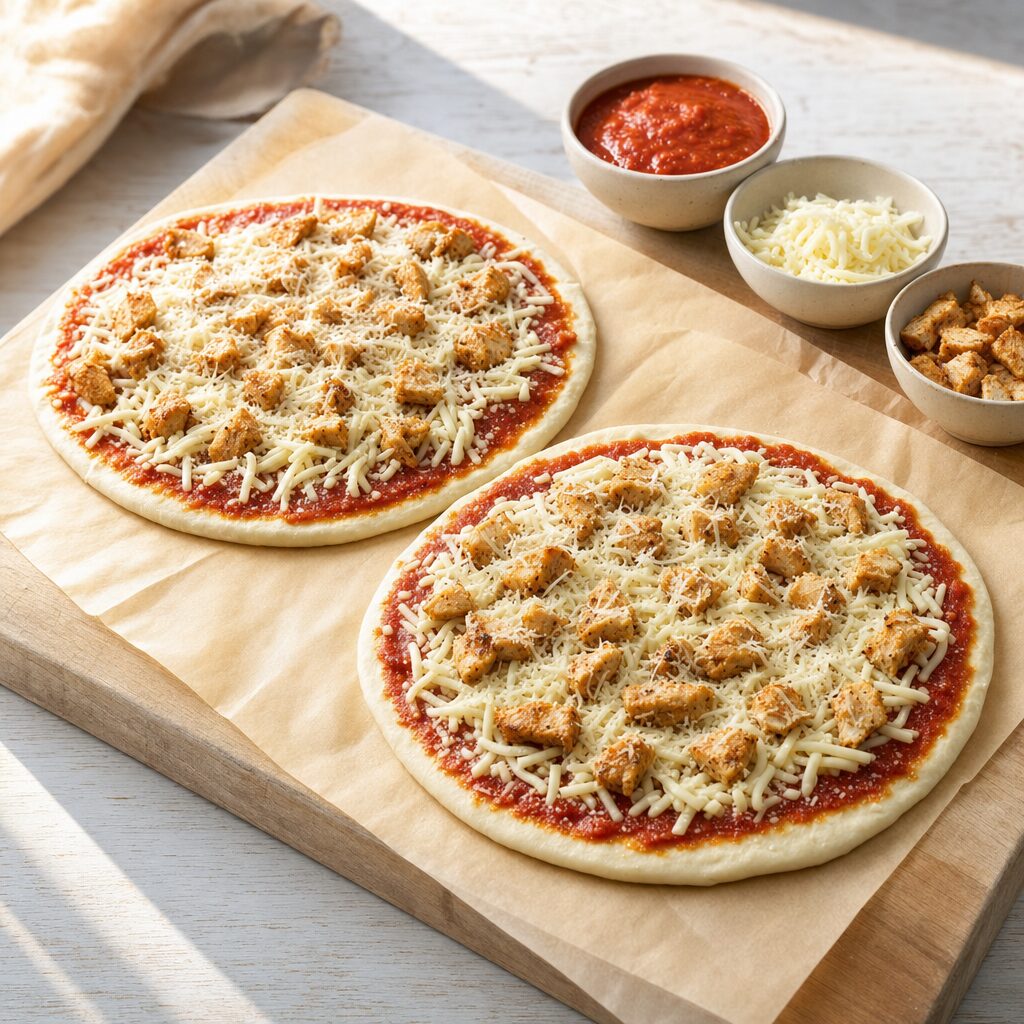 Pizzabunde toppes med pizzasauce mozzarella parmesan og kylling før bagning i min airfryer