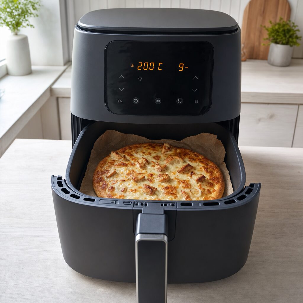 Kylling pesto pizza bages i min airfryer til osten bobler og bunden er sprød