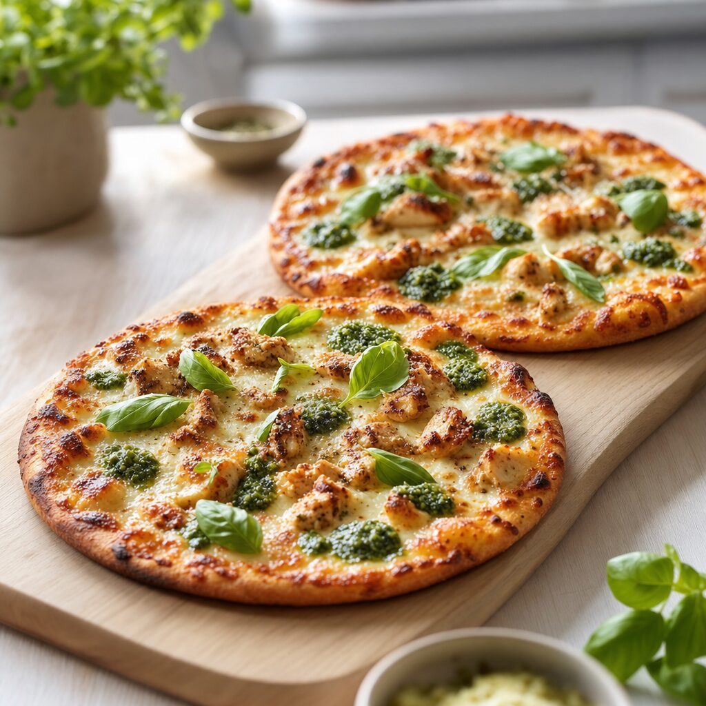 Kylling pesto pizza toppes med grøn pesto og frisk basilikum efter bagning i min airfryer