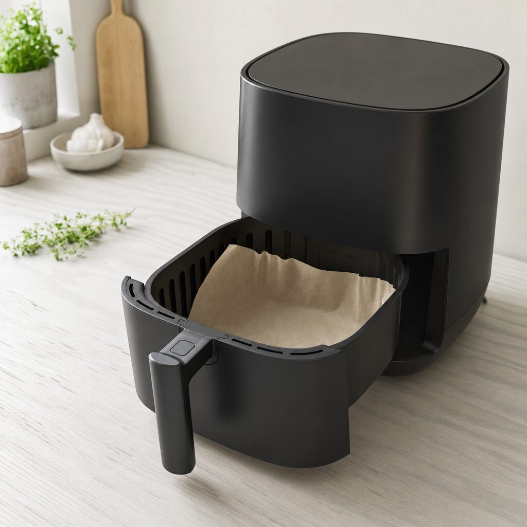 Airfryer med bagepapir i kurven klar til mexicansk laks i min airfryer