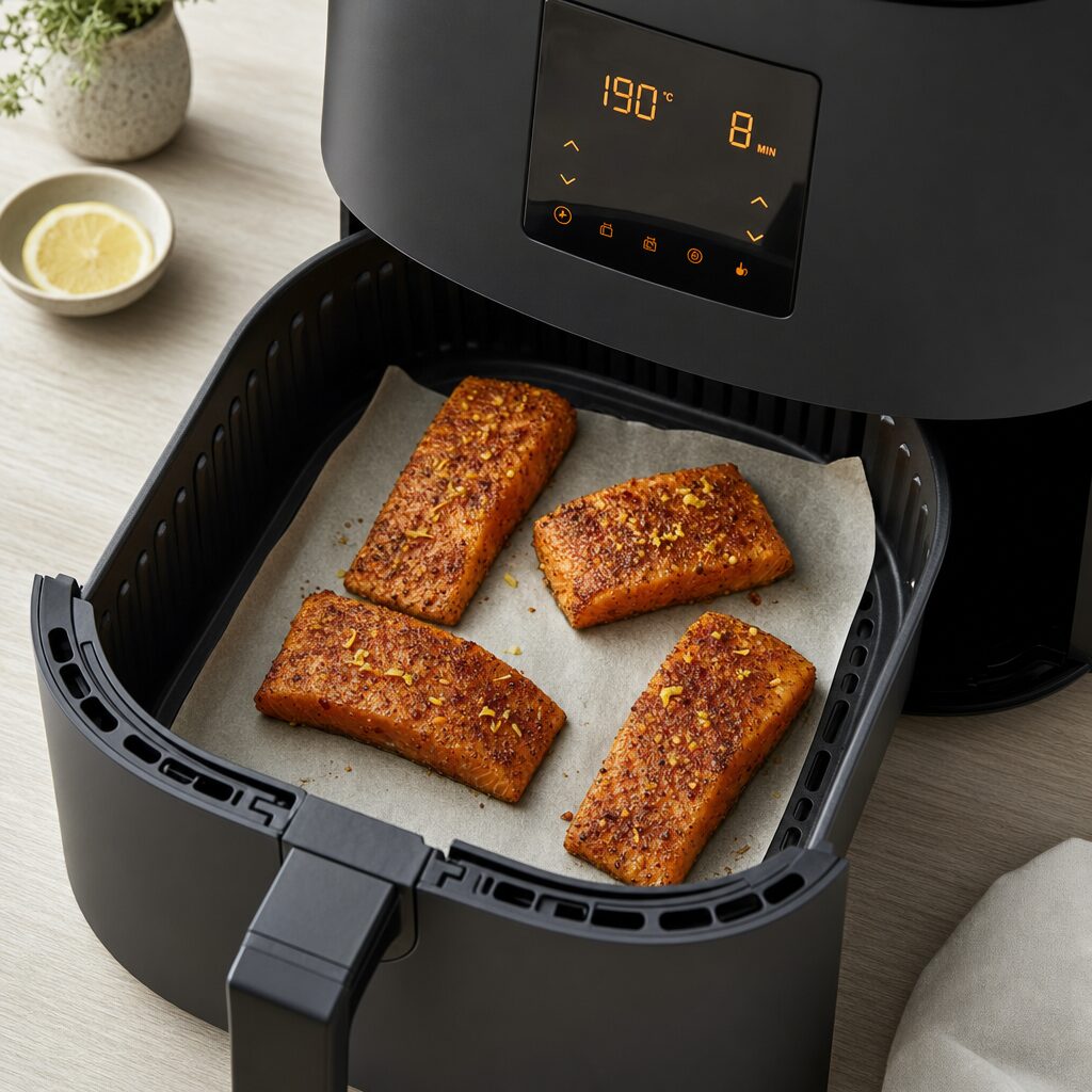 Krydrede laksefileter på bagepapir i airfryer kurven klar til tilberedning i min airfryer