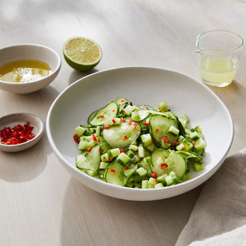 Agurkesalat med rød chili lime og olivenolie som tilbehør til mexicansk laks i min airfryer