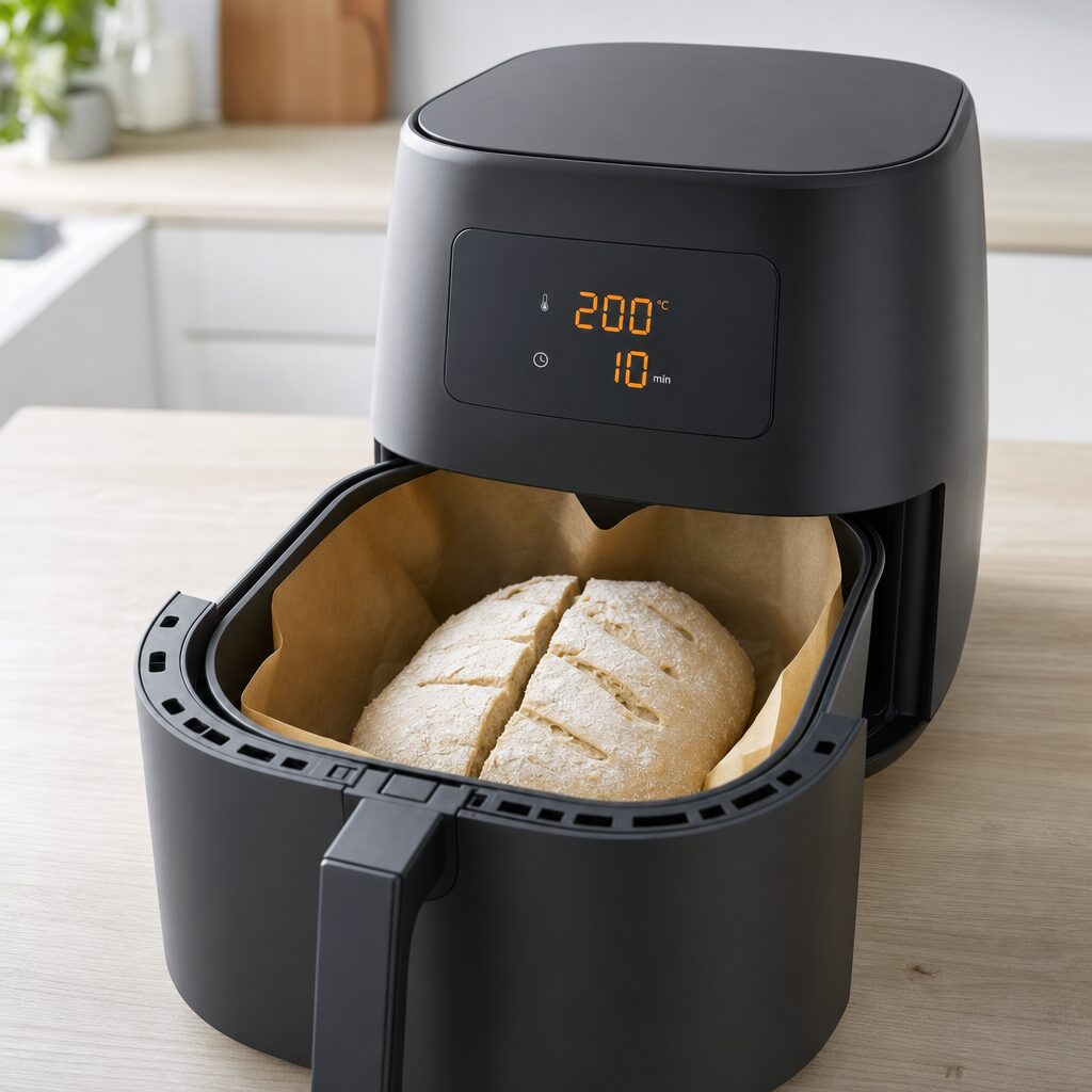 Pane pugliese løftes med bagepapir ned i airfryer kurven og bages første gang i min airfryer