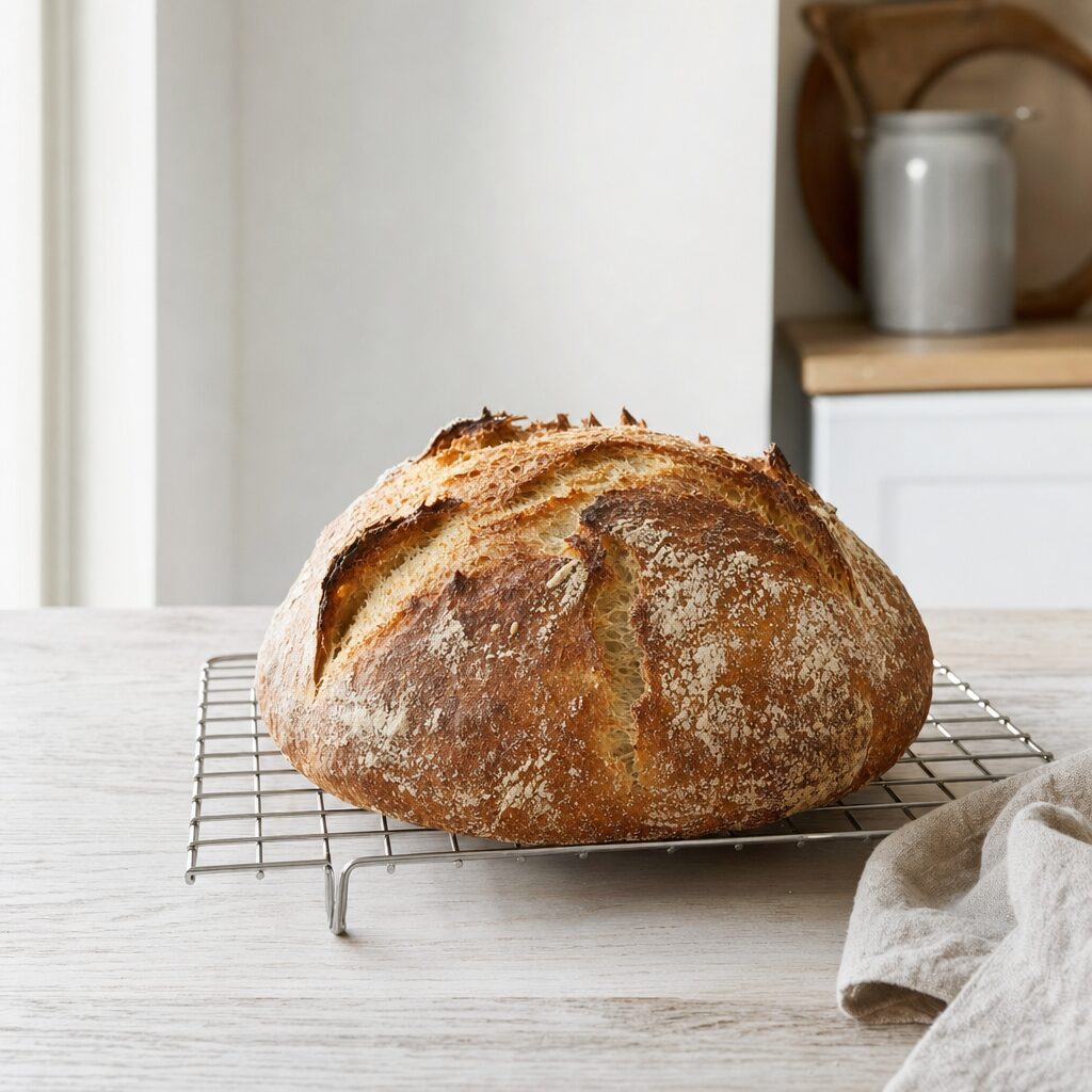Pane pugliese hviler på rist før det skæres så krummen bliver luftig i min airfryer opskrift