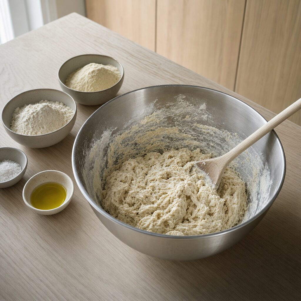 Hvedemel durumhvedemel salt og olivenolie blandes til pane pugliese dej i min airfryer opskrift