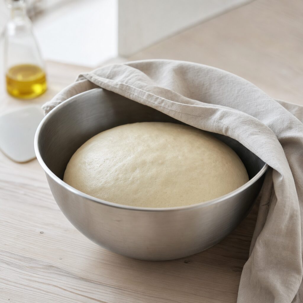 Pane pugliese dej hæver i olieret skål under viskestykke til min airfryer opskrift
