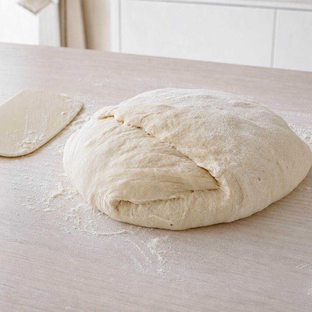Hævet pane pugliese dej foldes forsigtigt og formes til rustikt brød til min airfryer opskrift