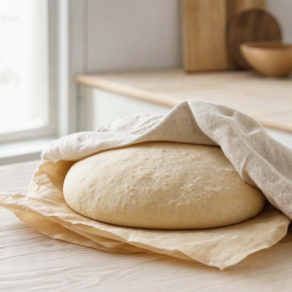 Formet pane pugliese brød efterhæver på bagepapir under viskestykke til min airfryer opskrift