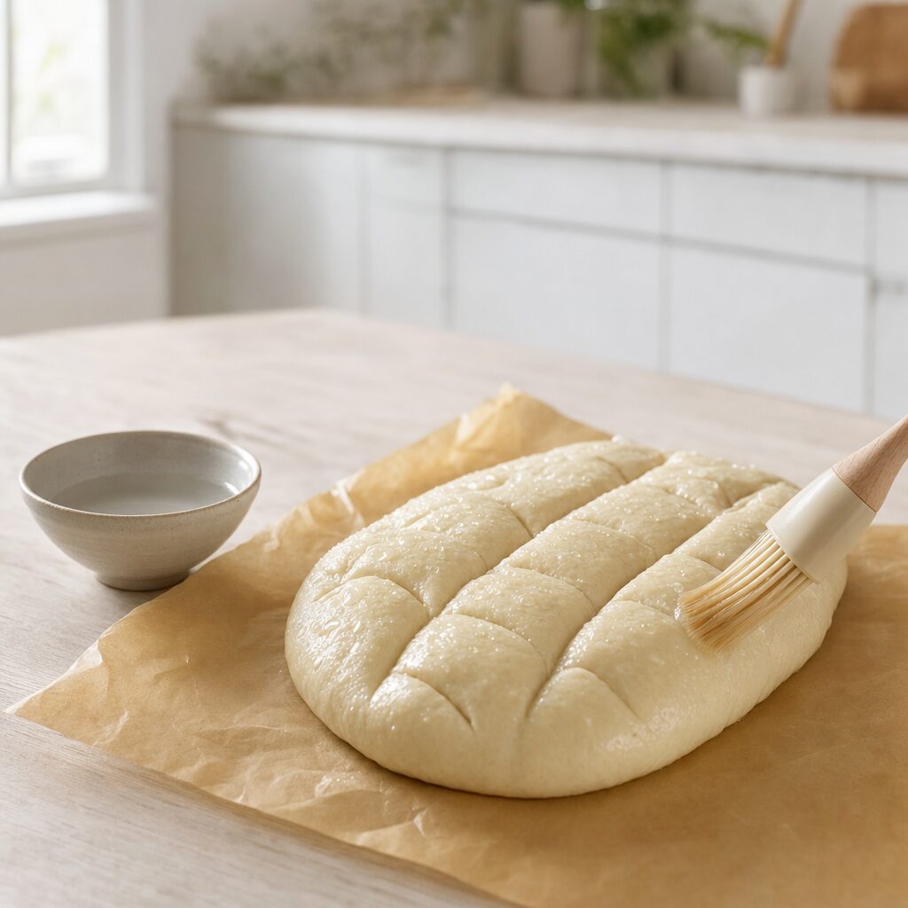 Pane pugliese dej pensles let med vand før bagning i min airfryer opskrift