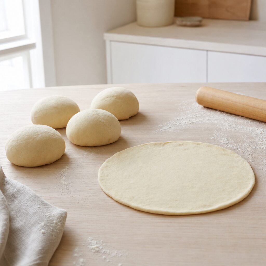 Pizzadej deles og rulles ud til airfryer størrelse pizzabunde i min airfryer