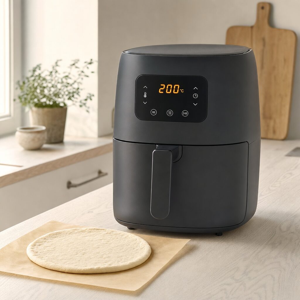 Airfryer forvarmes til 200 grader klar til airfryer størrelse pepperoni pizza i min airfryer