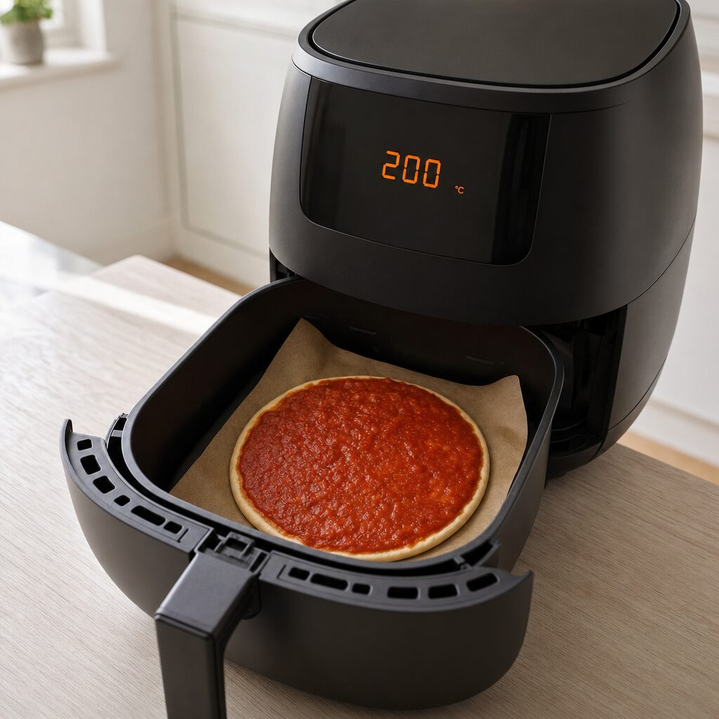 Airfryer størrelse pizzabund lægges på bagepapir og dækkes med pizzasauce i min airfryer