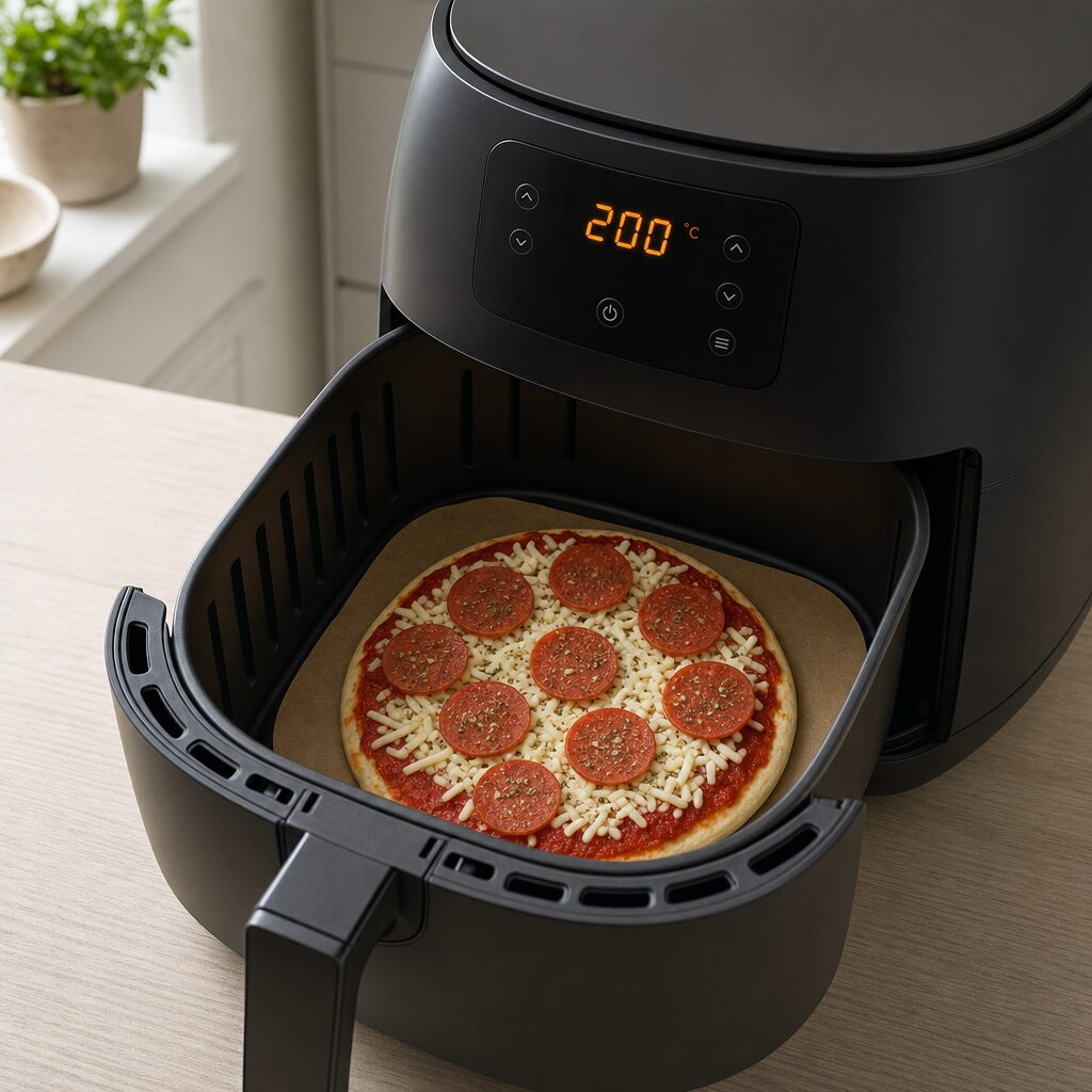 Airfryer størrelse pizzabund toppes med mozzarella pepperoni og oregano i min airfryer