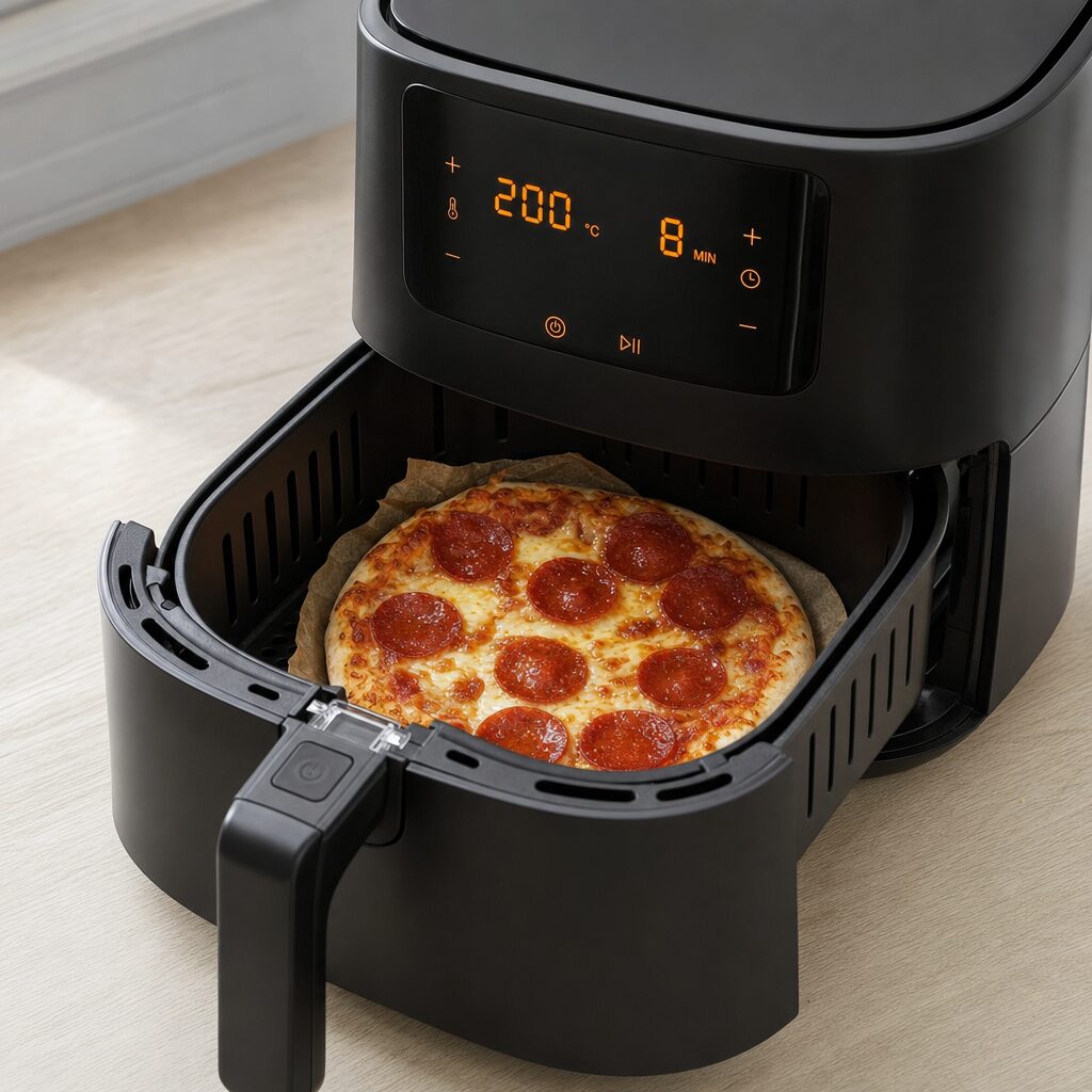 Airfryer størrelse pepperoni pizza bages til smeltet ost og sprød bund i min airfryer