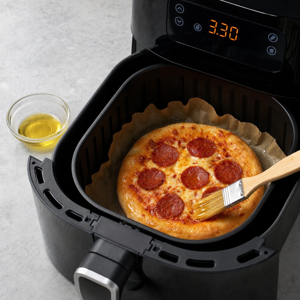 Airfryer størrelse pepperoni pizza pensles med olivenolie på skorpen efter bagning i min airfryer