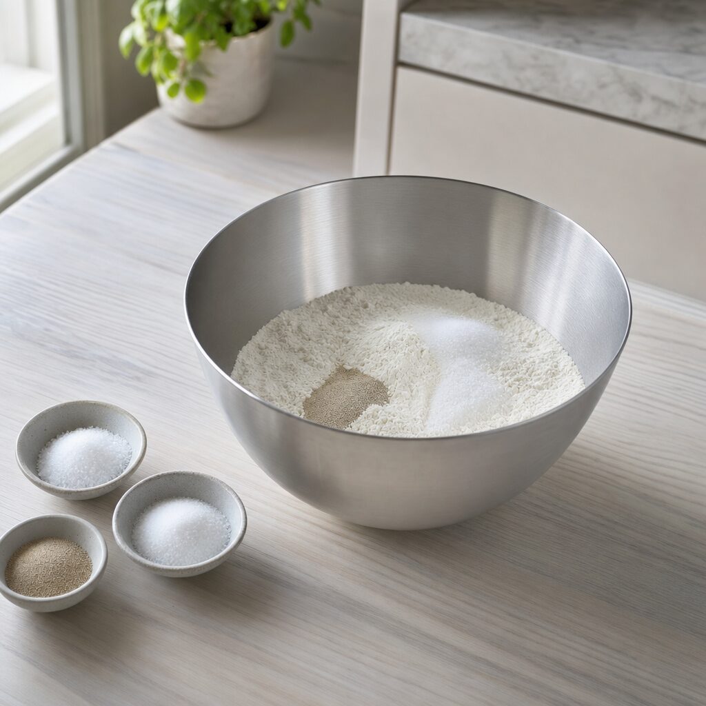 Mel salt sukker og tørgær blandes til pitabrød i min airfryer